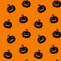 Dark scary pumpkins and bats on orange background seamless pattern. Halloween background. Vector illustration