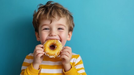 A joyful child smiles while holding a donut in front of a bright blue background