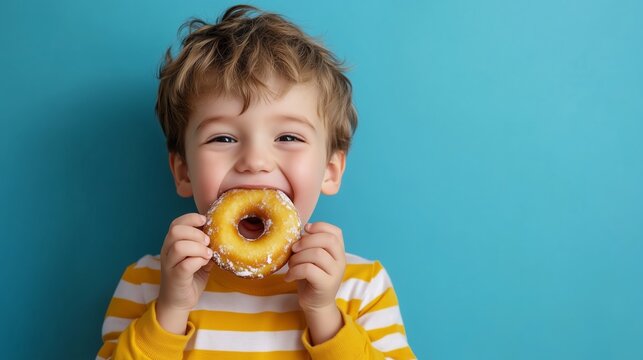 A joyful child smiles while holding a donut in front of a bright blue background