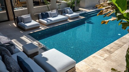 Fototapeta premium Modern poolside patio with blue water and white lounge chairs.