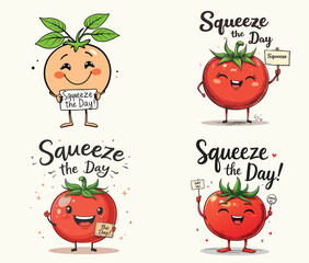 Playful Hand-Drawn Tomato Character Vector with Quirky 'Squeeze the Day!' Quote, Funky Leaf Hairstyle, and Minimalist Contour Lines Clean, Modern Design for White Background