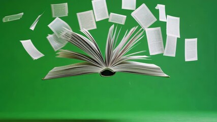 Open book floating in the air with turning pages on a green screen background. Perfect for video editing and visual effects projects - Powered by Adobe
