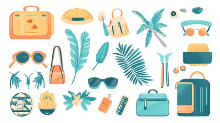 A vector travel set featuring a collection of tourism accessories. Trip elements are isolated against a white background, illustrating holiday weekend vacation essentials in a flat design style.