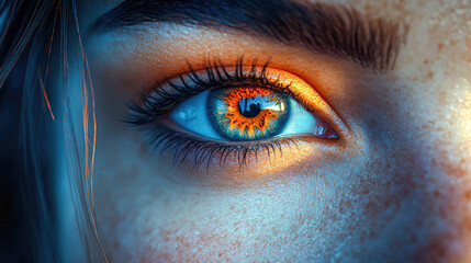 An intense close-up of a human eye with blue and orange hues, surrounded by fiery light
