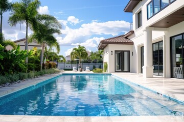 Fototapeta premium A swimming pool surrounded by palm trees in a backyard