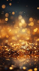 Obraz premium A blurry image of gold glitter with a reflection of the glitter in the water. The image has a dreamy, ethereal quality to it, with the glitter and water creating a sense of movement and fluidity