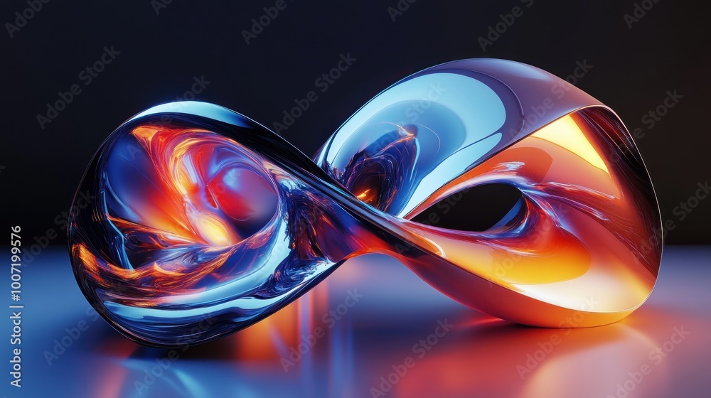 Canvas Prints abstract infinity shape with blue and orange metallic surface and reflection on a dark blue backgrou