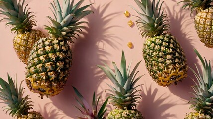 Fototapeta premium Discover a creative arrangement of fresh pineapples against a peach background showcasing unique shadows and vibrant colors