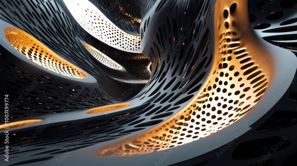 Poster abstract background with glowing geometric shapes and a holey pattern.