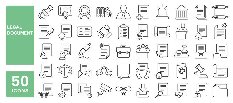 Set of 50 line icons related to legal document, license, certificate, testament, contract, deed, diploma, stamp, agreement, Editable stroke. Vector illustration
