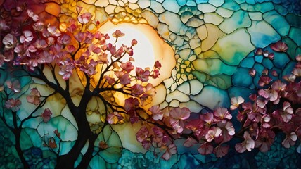 Stunning stained glass artwork depicting cherry blossoms at sunset in vibrant colors