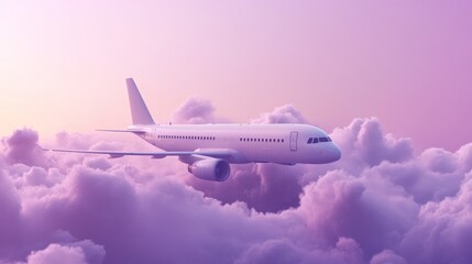 Obraz premium White airplane flying over purple fluffy clouds in the sky.