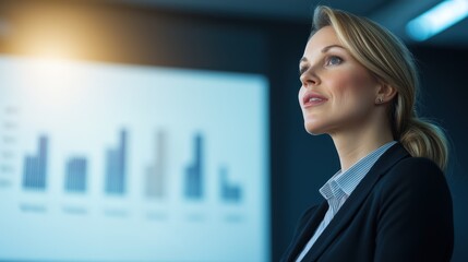 Professional woman presenting business data with charts, in a modern office environment.