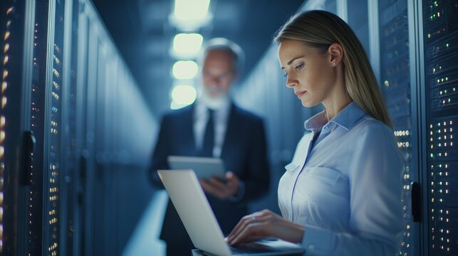 Professional woman using laptop in a data center, server racks in the background, focused on her work. - Powered by Adobe