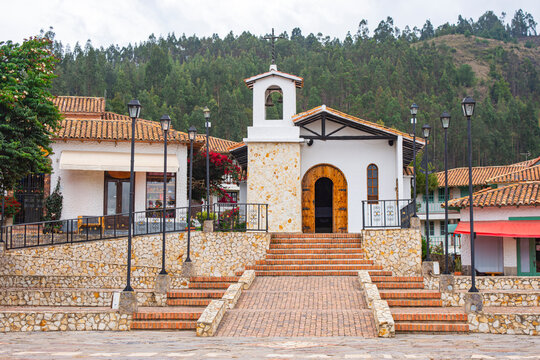 Charming Colonial Church in Little Town Boyacense, Duitama, Boyac&aacute;, Colombia - A Glimpse of Traditional Colombian Architecture Surrounded by Scenic Hills
