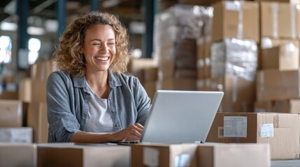 Fototapeta premium Smiling woman using laptop in a warehouse surrounded by cardboard boxes.