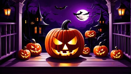 A spooky Halloween scene featuring carved pumpkins and a moonlit backdrop.
