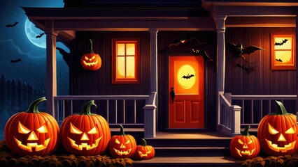 Obraz premium A spooky Halloween scene featuring a haunted house, glowing pumpkins, and flying bats.