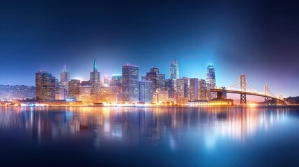 Fototapeta premium San Francisco skyline at night, with skyscrapers lit up and the Bay Bridge glowing in the background, set against a deep blue sky.