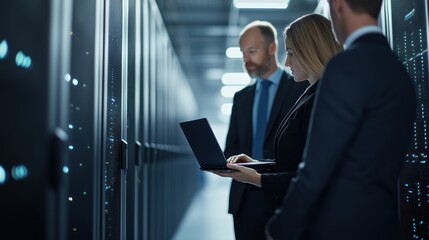 Business professionals collaborating on a laptop in a data center environment with server racks.