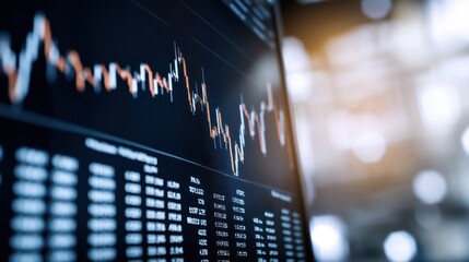 Close-up of stock market data display with fluctuating graphs and numbers.