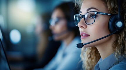 Focused female customer service representative with headset and computer in a modern office environment.