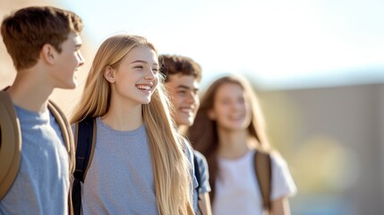 Group of cheerful teenagers walking together outdoors, enjoying their time and friendship.
