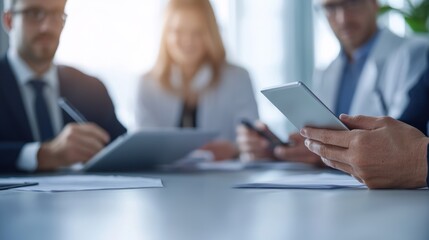 Obraz premium Group of professionals in a meeting, focusing on mobile devices and papers, collaborative work environment.