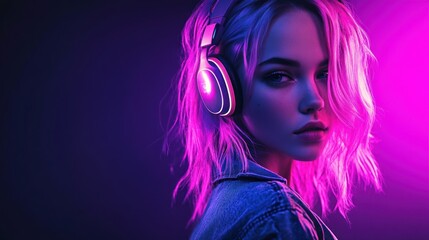 Fototapeta premium Close-up of a woman wearing headphones with pink hair.
