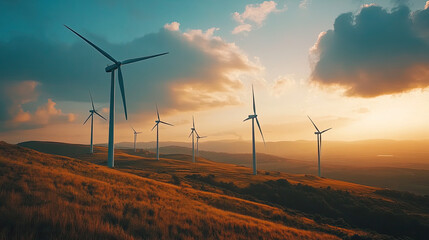 Obraz premium Wind generators in an isolated field at dusk, concept of sustainability and renewable energy.