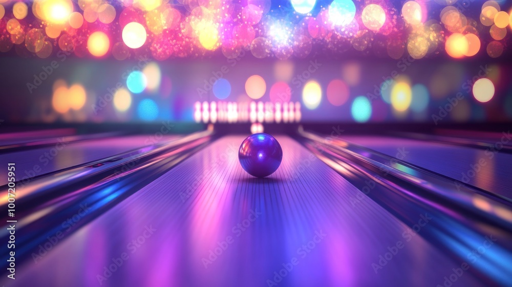 Wall mural purple bowling ball on a lane with colorful lights in the background.
