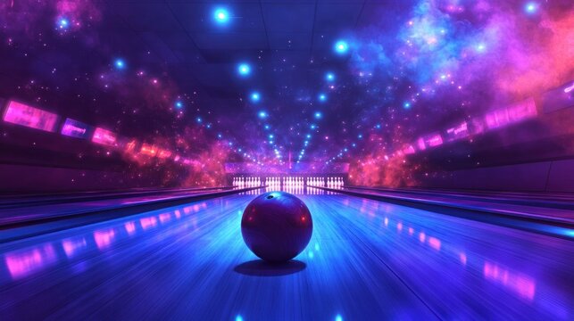 A single bowling ball sits on a lane under a colorful, abstract sky.