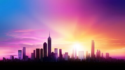 Simple black outline of a city skyline with tall skyscrapers, set against a colorful twilight sky.