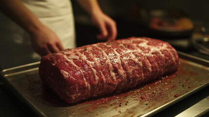 Preparing a piece of meat.