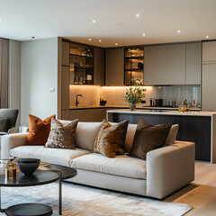Living room interior in warm beige style, beige kitchen illuminated with LED lighting