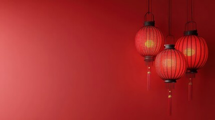 Three red lanterns hanging from a red wall.