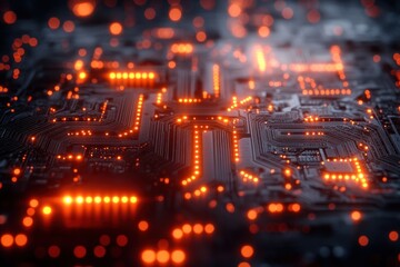 Obraz premium Futuristic server code processing circuit board. Orange, green, and blue technology background with bokeh. 3D illustration.