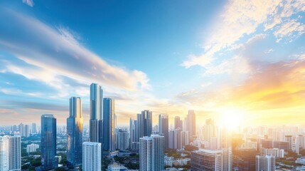 Fototapeta premium Skyline of a bustling city with tall buildings and a vibrant atmosphere, captured under a bright blue sky