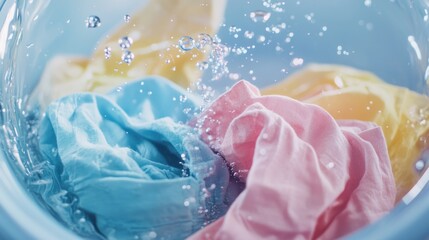 Close up of colorful clothes being washed in a washing machine with water splashing.