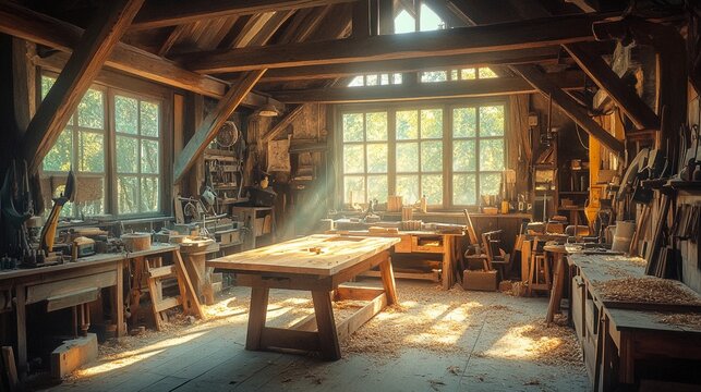 Carpentry shop with various tools and a wooden table