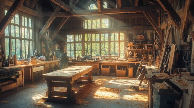 Carpentry shop with various tools and a wooden table