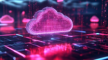Futuristic Cloud Storage Banner with Neon-Lit Data Cloud and Holographic Icons