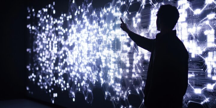 a man points at a wall of lights