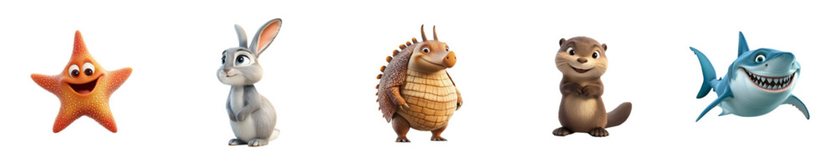 Collection set of animals Starfish Rabbit Armadillo Otter Shark isolated on transparent background 3D fun cartoon style