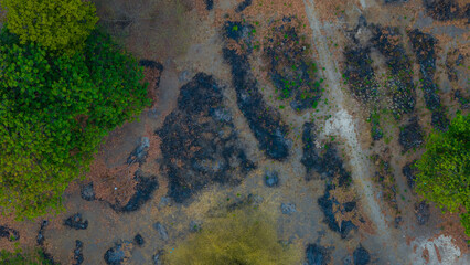 Captivating aerial view showcasing the contrasting textures of rugged terrain and lush foliage