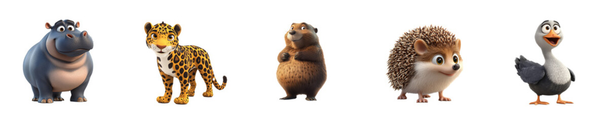 Obraz premium Collection set of animals Hippopotamus Jaguar Beaver Hedgehog Goose isolated on transparent background 3D fun cartoon style