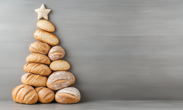 The Christmas tree is made of barn loaves and buns, with a star on top. Gray background, empty space for text. An advertising banner for a bakery .
