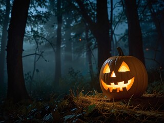 Glowing Jack-o'-Lantern in a Misty Forest: A Haunting Halloween Night Scene Illuminated by the Eerie Light of a Carved Pumpkin Amidst the Shadows of Tall Trees
