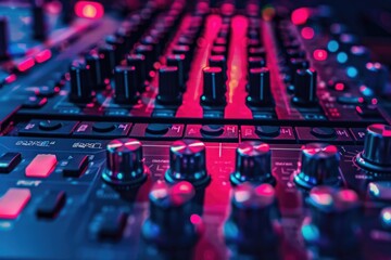 A close-up view of a professional mixing board used in a recording studio for audio production