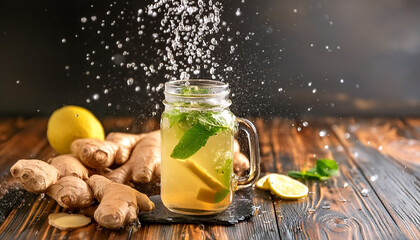 Ginger mocktail in a glass jar on black gradient restaurant background